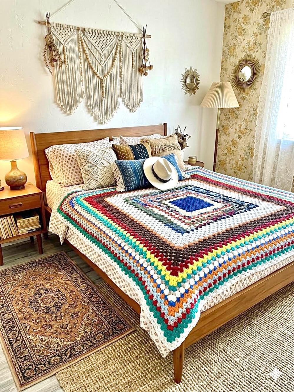 🌙Artisan Crochet Square Throw BED/cover up w hippy cottagecore prairie YTK VIBE